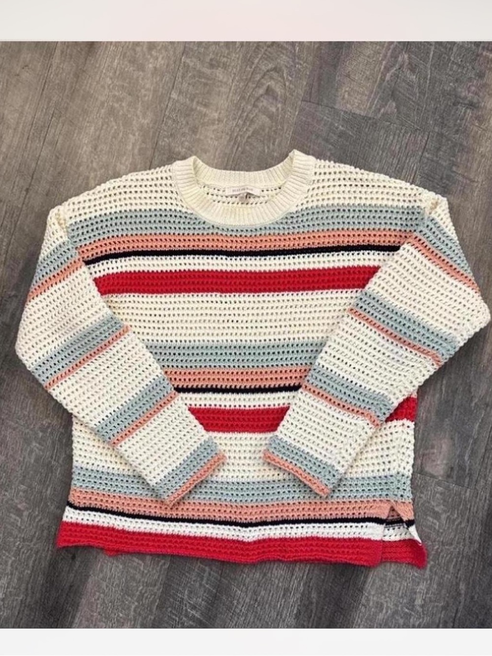 Skies Are Blue Cream Open-Knit Crewneck Sweater with Red & Pastel Stripes